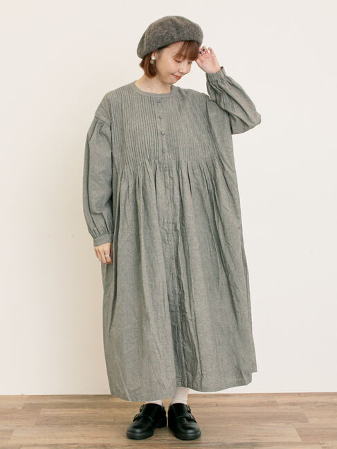 Samansa Mos2「【S/Mサイズ】綿麻/デニムピンタックワンピース」|ワンピース|チャコールグレー