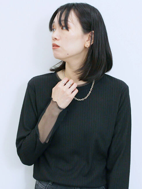 Samansa Mos2 blue「膨れジャガード袖チュールプルオーバー」|Tシャツ・カットソー|