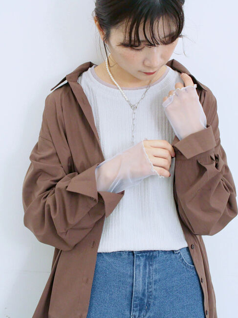 Samansa Mos2 blue「膨れジャガード袖チュールプルオーバー」|Tシャツ・カットソー|