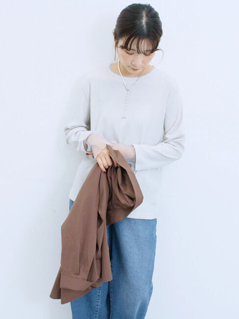 Samansa Mos2 blue「膨れジャガード袖チュールプルオーバー」|Tシャツ・カットソー|