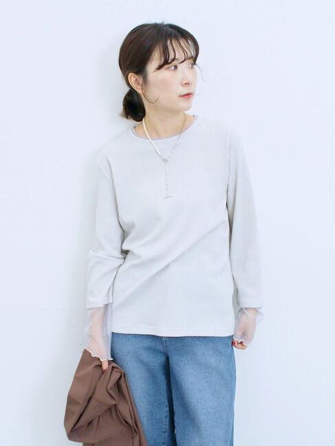 Samansa Mos2 blue「膨れジャガード袖チュールプルオーバー」|Tシャツ・カットソー|