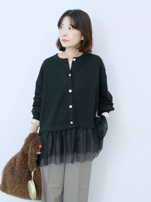 Samansa Mos2 blue「ペプラムチュールニットカーディガン」|カーディガン|