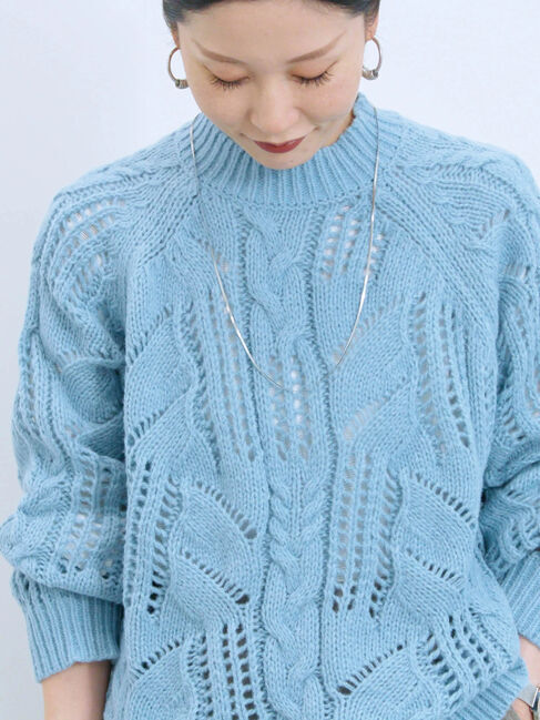 Samansa Mos2 blue「透かしケーブルニットプルオーバー」|ニット・セーター|サックスブルー