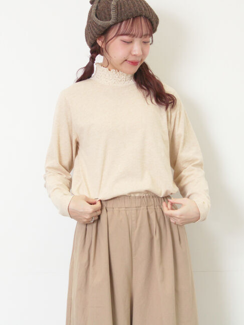 Samansa Mos2「【吸湿発熱】襟レースシャーリングカットソー」|Tシャツ・カットソー|ベージュ