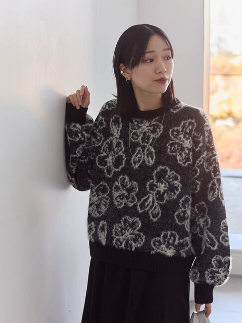 Samansa Mos2 blue「花柄シャギーニットプルオーバー」|ニット・セーター|