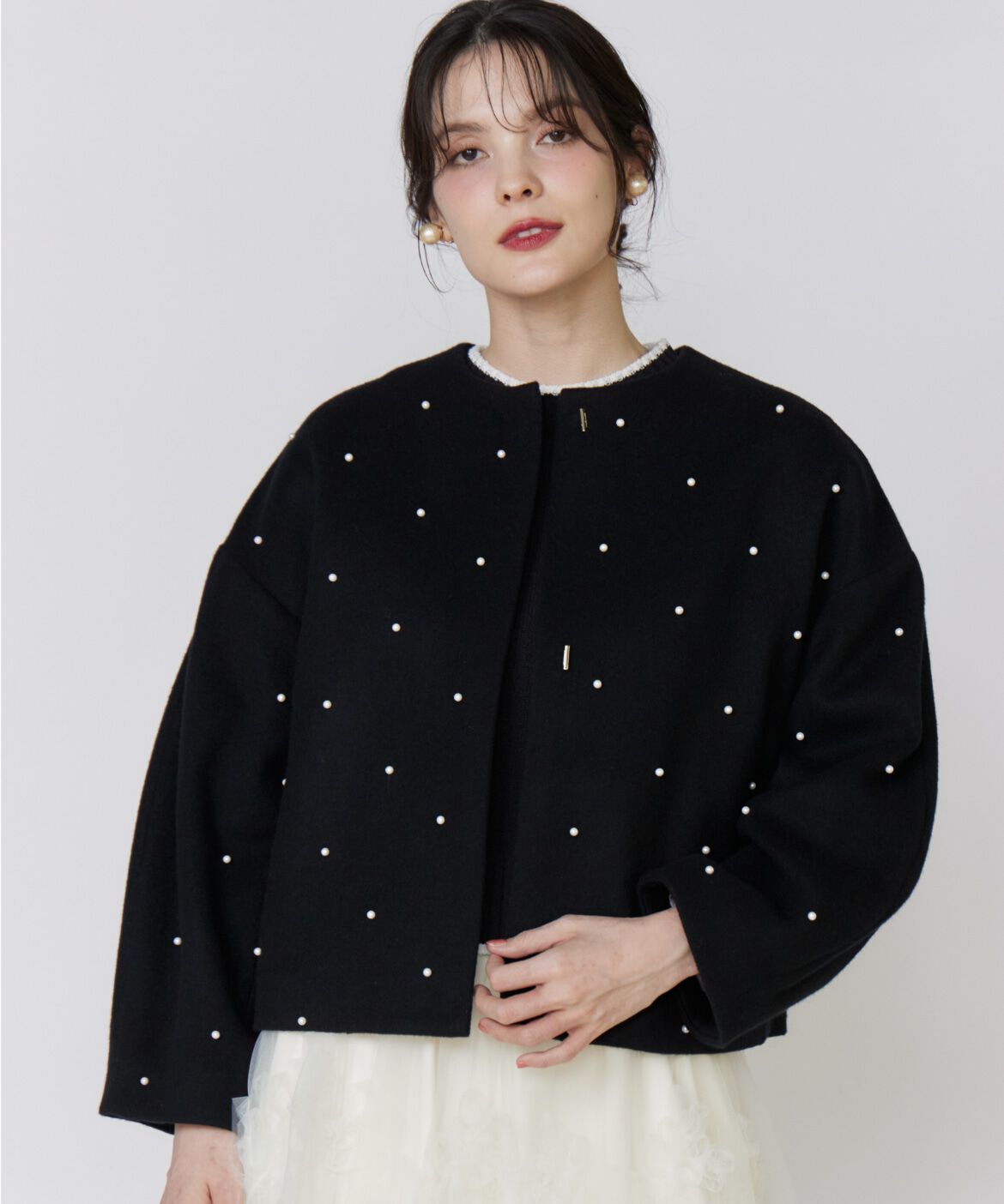 Maglie le cassetto「《大きいサイズ》パールショートコート」|その他|ブラック