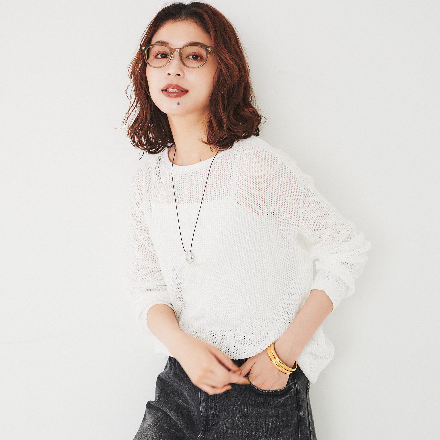 UNTITLED「【ストレッチ/程よい肌見せ】ハイゲージメッシュニット」|ニット・セーター|オフホワイト(003