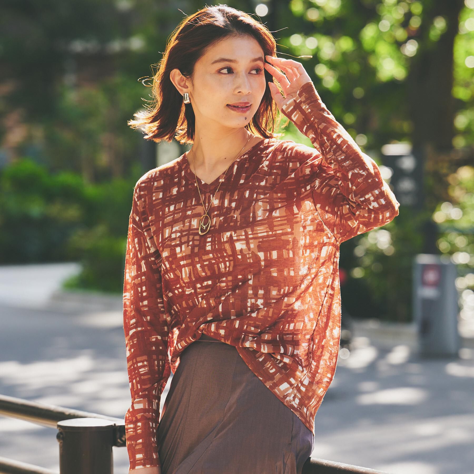 UNTITLED「【セットアップ可能/アンサンブル可能/シアー】チェックプリント プルオーバーニット」|ニット・セーター|