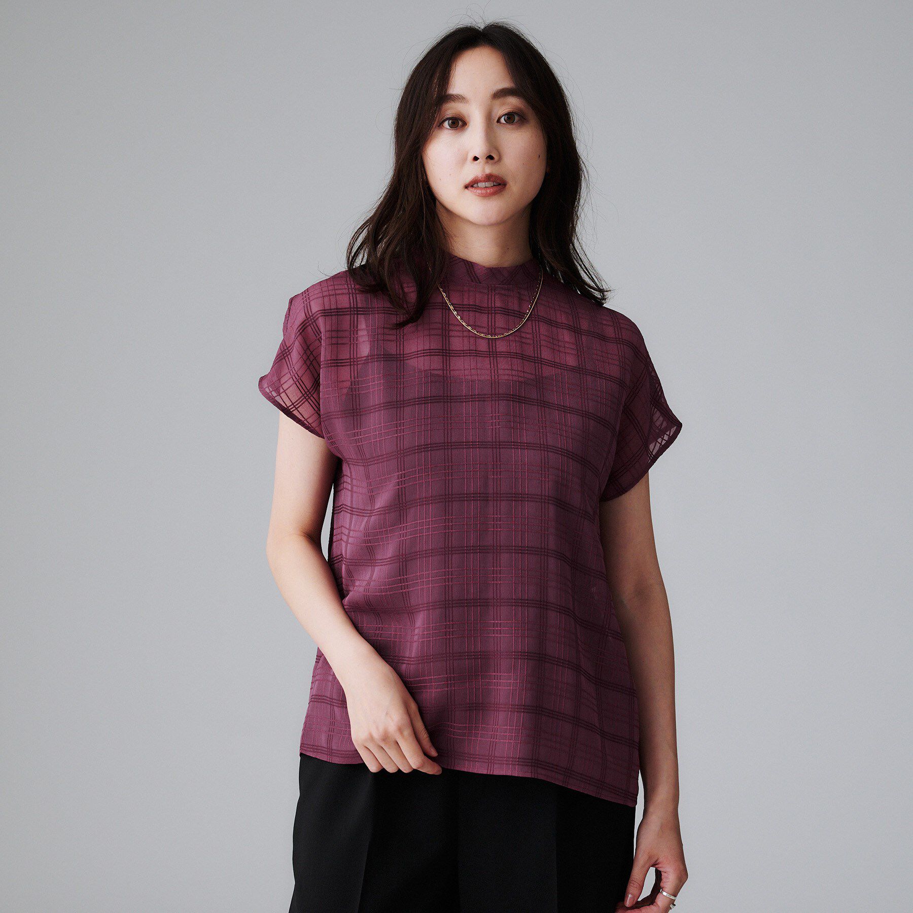 UNTITLED「【シアー】チェックスタンドネックブラウス」|シャツ・ブラウス|