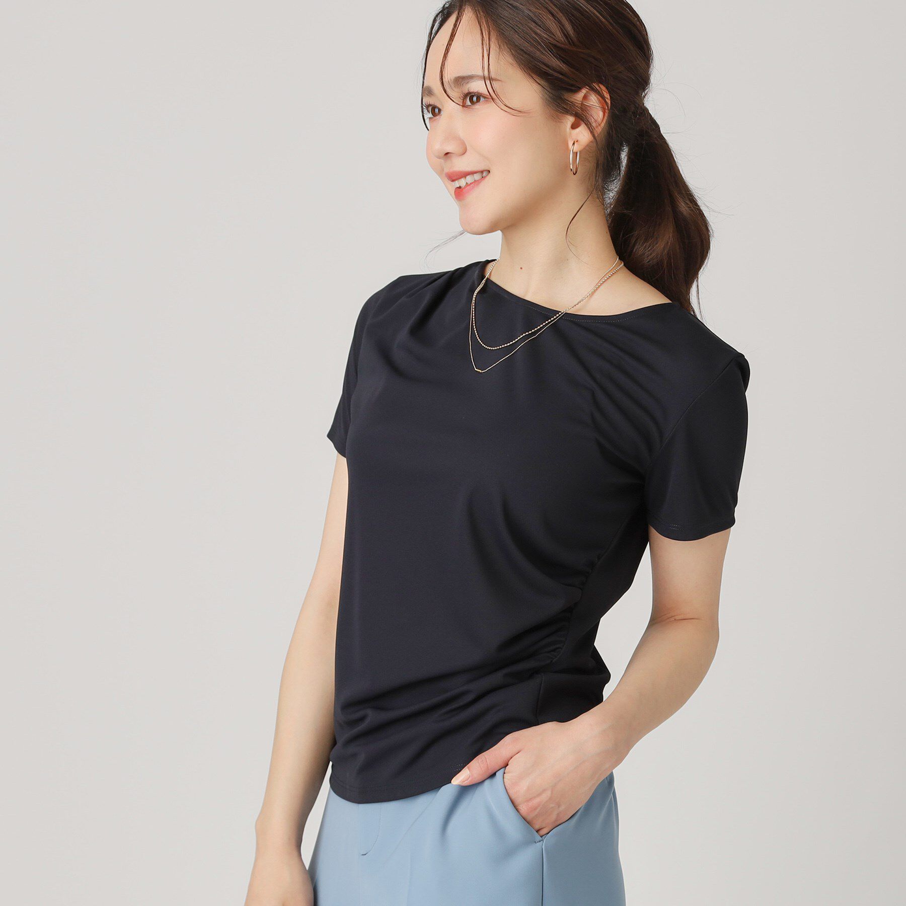 COUP DE CHANCE「【洗える／一枚着】ドレープデャージトップス」|シャツ・ブラウス|ネイビー(094)