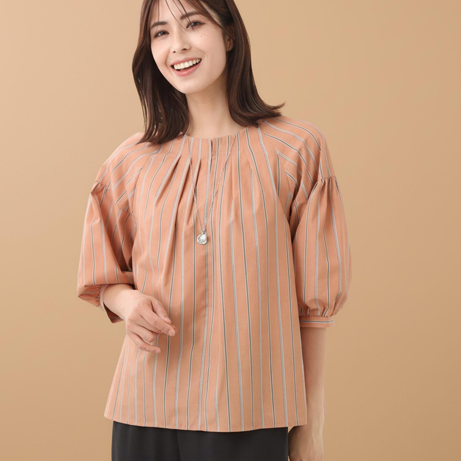 Reflect「【E‐QUALITY／体型カバー／ゆったり着られる◎】ストライプ&times;パフスリーブのブラウス」|シャツ・ブラウス|オレンジ(367)