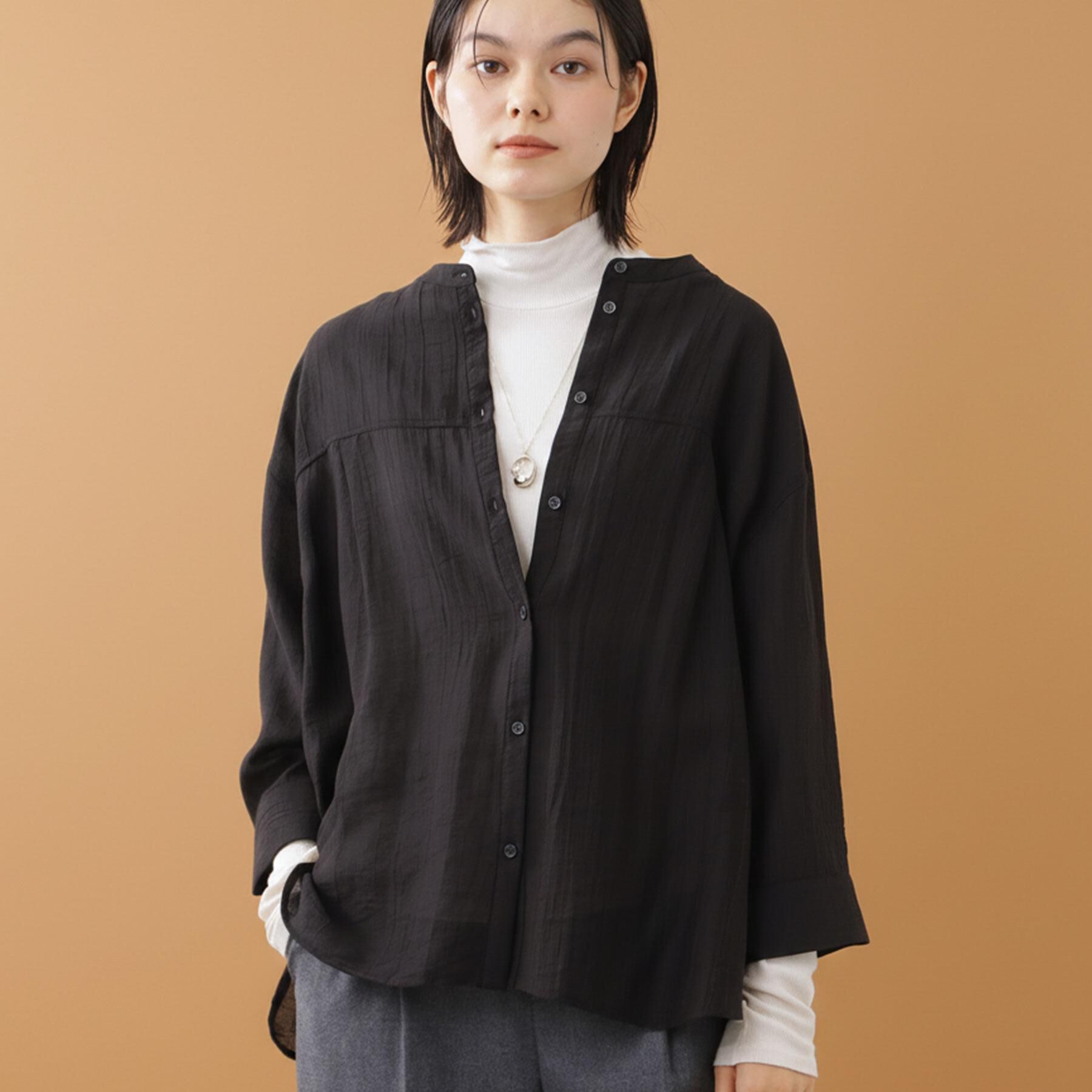 Reflect「【重ね着でも一枚着でも◎】バンドカラーオーバーサイズシャツブラウス」|シャツ・ブラウス|ブラック(019)