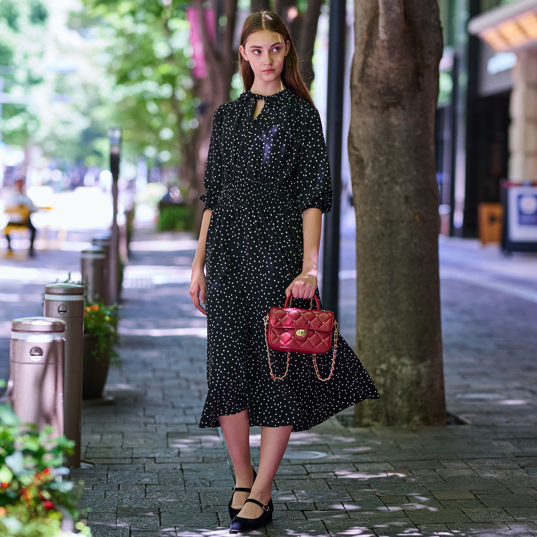 DRESSTERIOR「【手洗い可】ウエストシャーリングドットワンピース」|ワンピース|