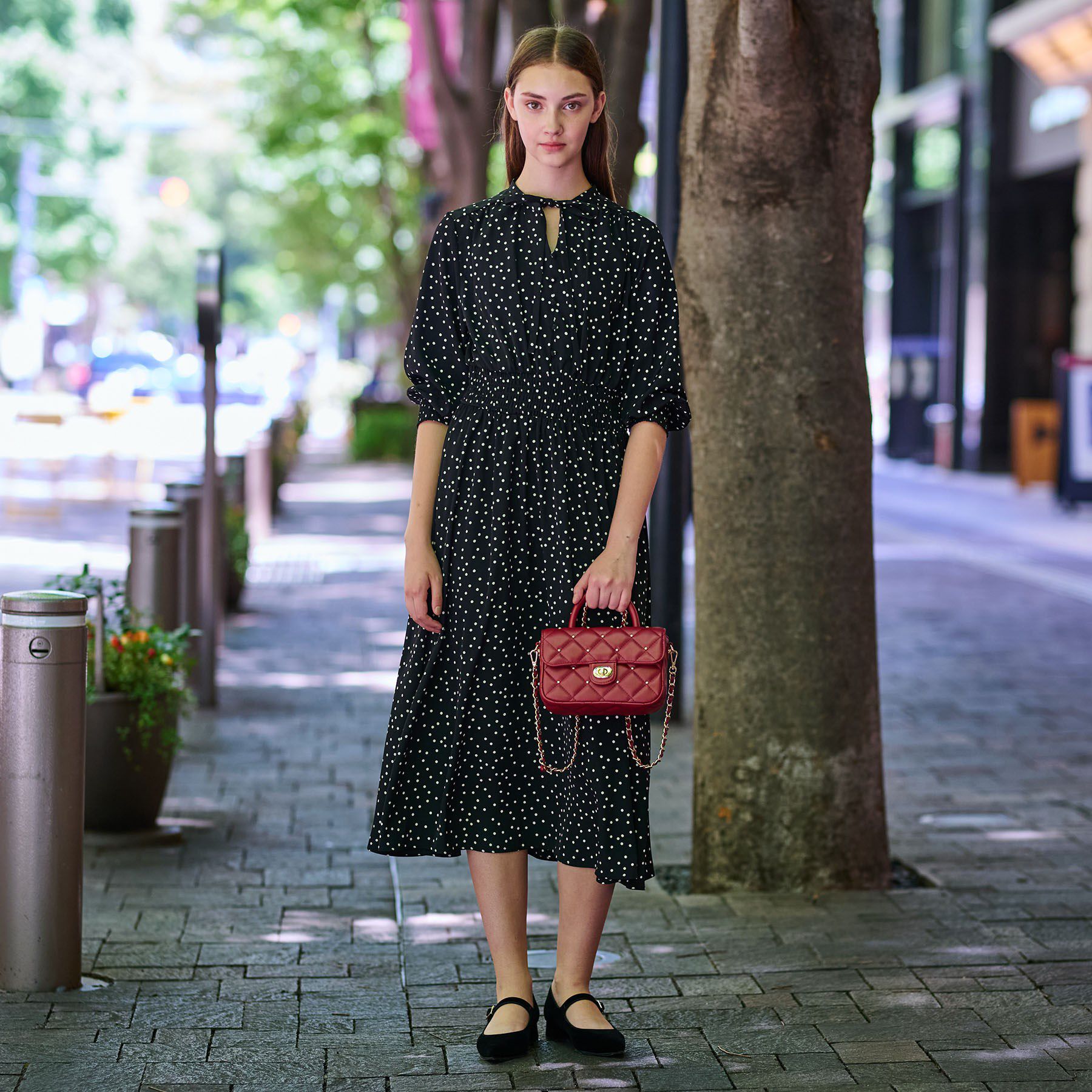 DRESSTERIOR「【手洗い可】ウエストシャーリングドットワンピース」|ワンピース|