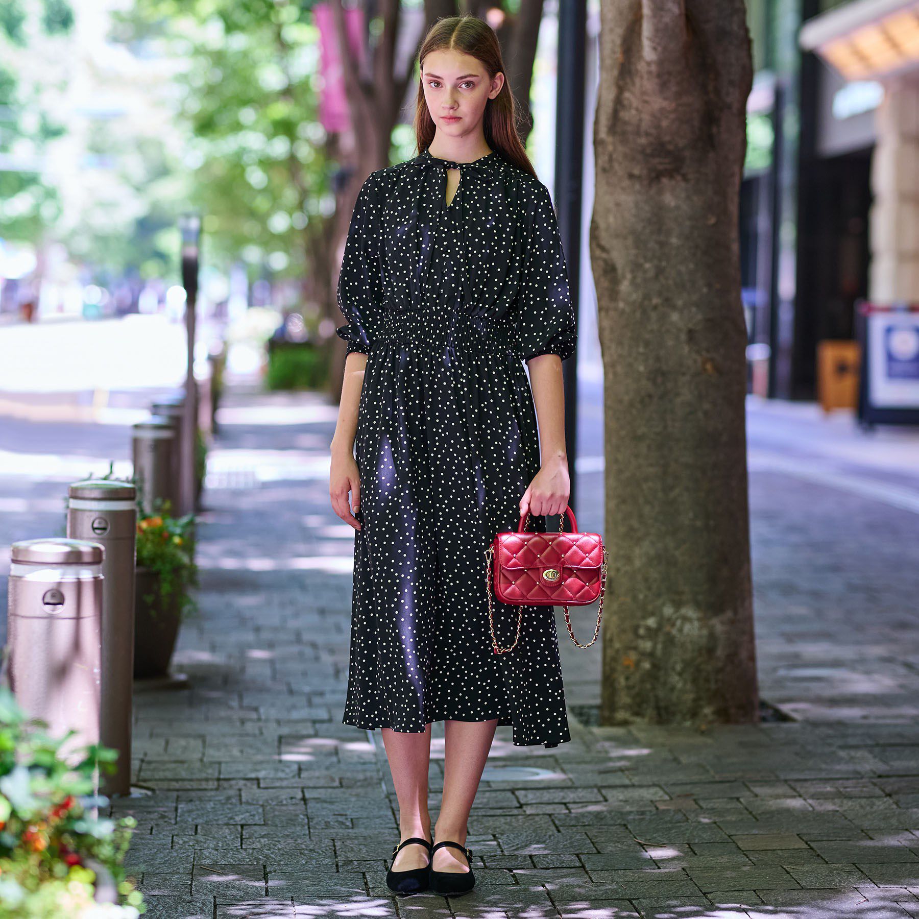 DRESSTERIOR「【手洗い可】ウエストシャーリングドットワンピース」|ワンピース|