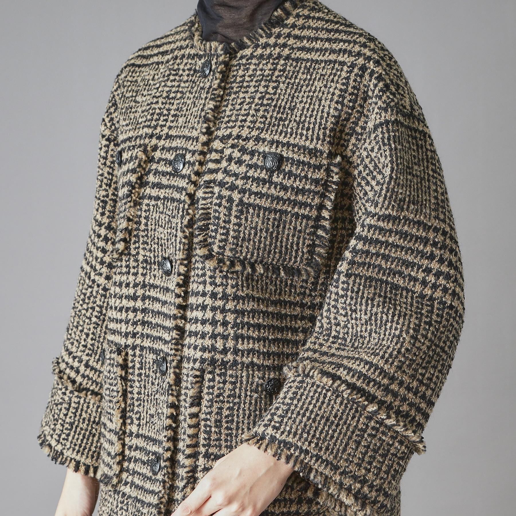 DRESSTERIOR「グレンチェックツイードショートコート」|ノーカラージャケット|