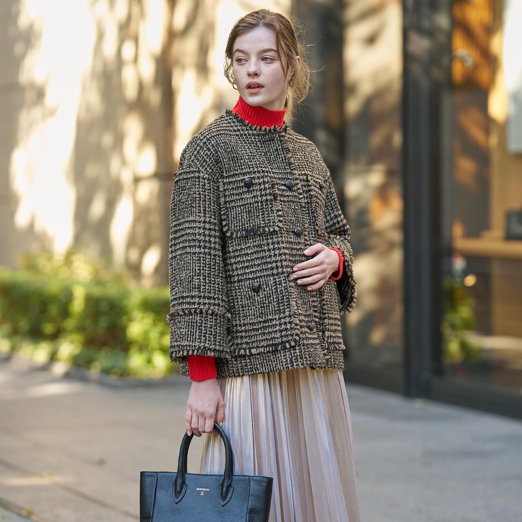 DRESSTERIOR「グレンチェックツイードショートコート」|ノーカラージャケット|