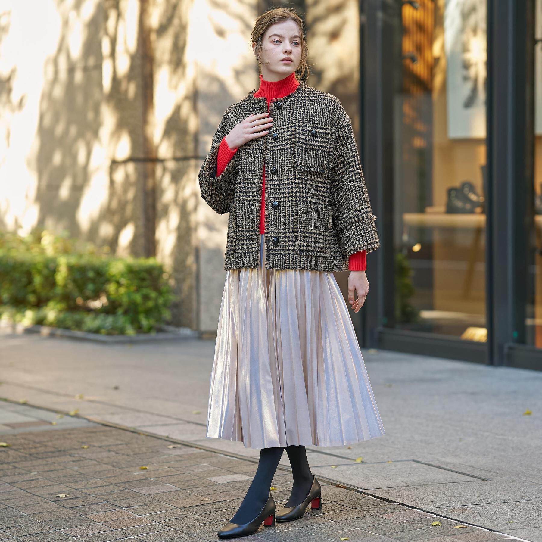 DRESSTERIOR「グレンチェックツイードショートコート」|ノーカラージャケット|