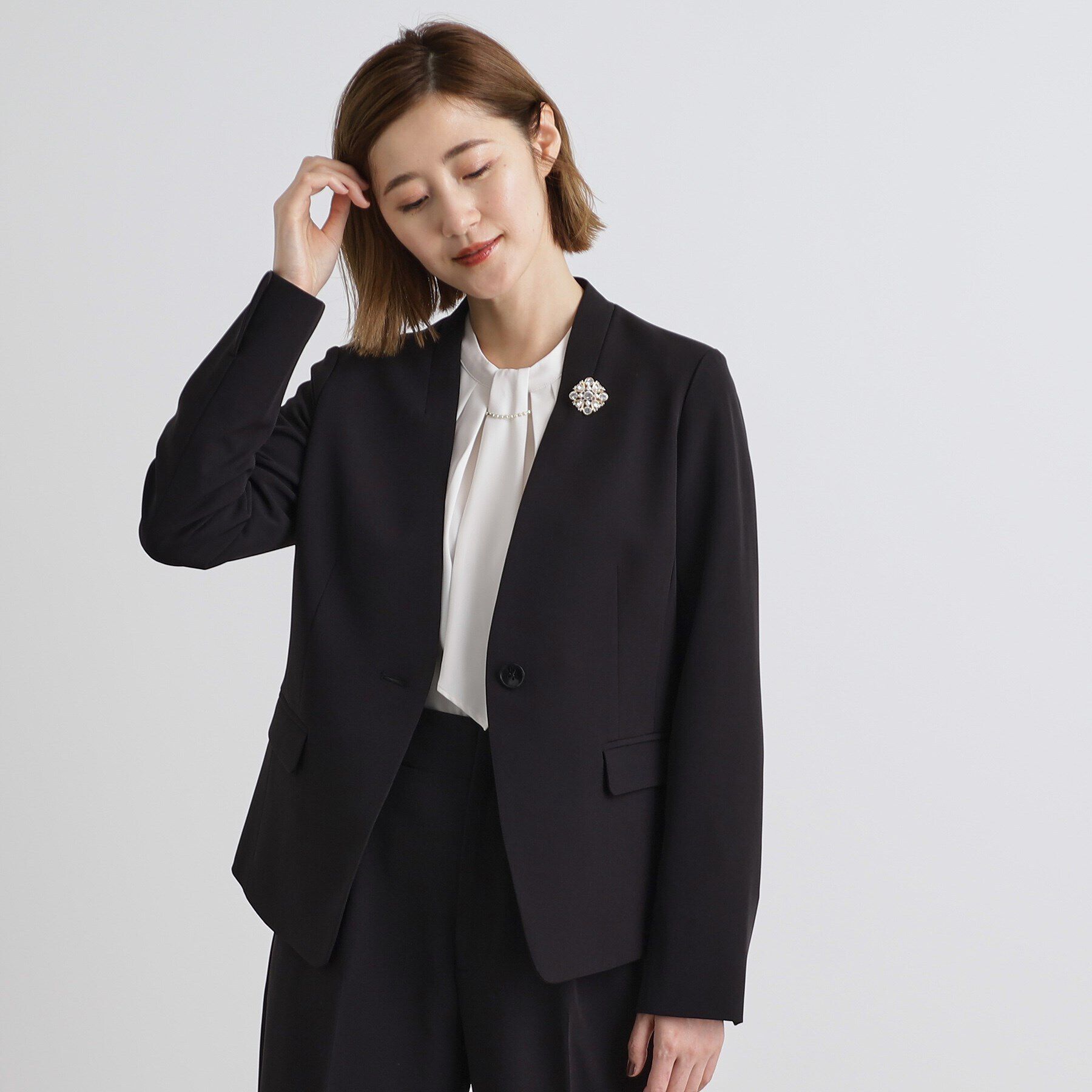 grove「しなやかストレッチ イージーケアジャケット」|ノーカラージャケット|