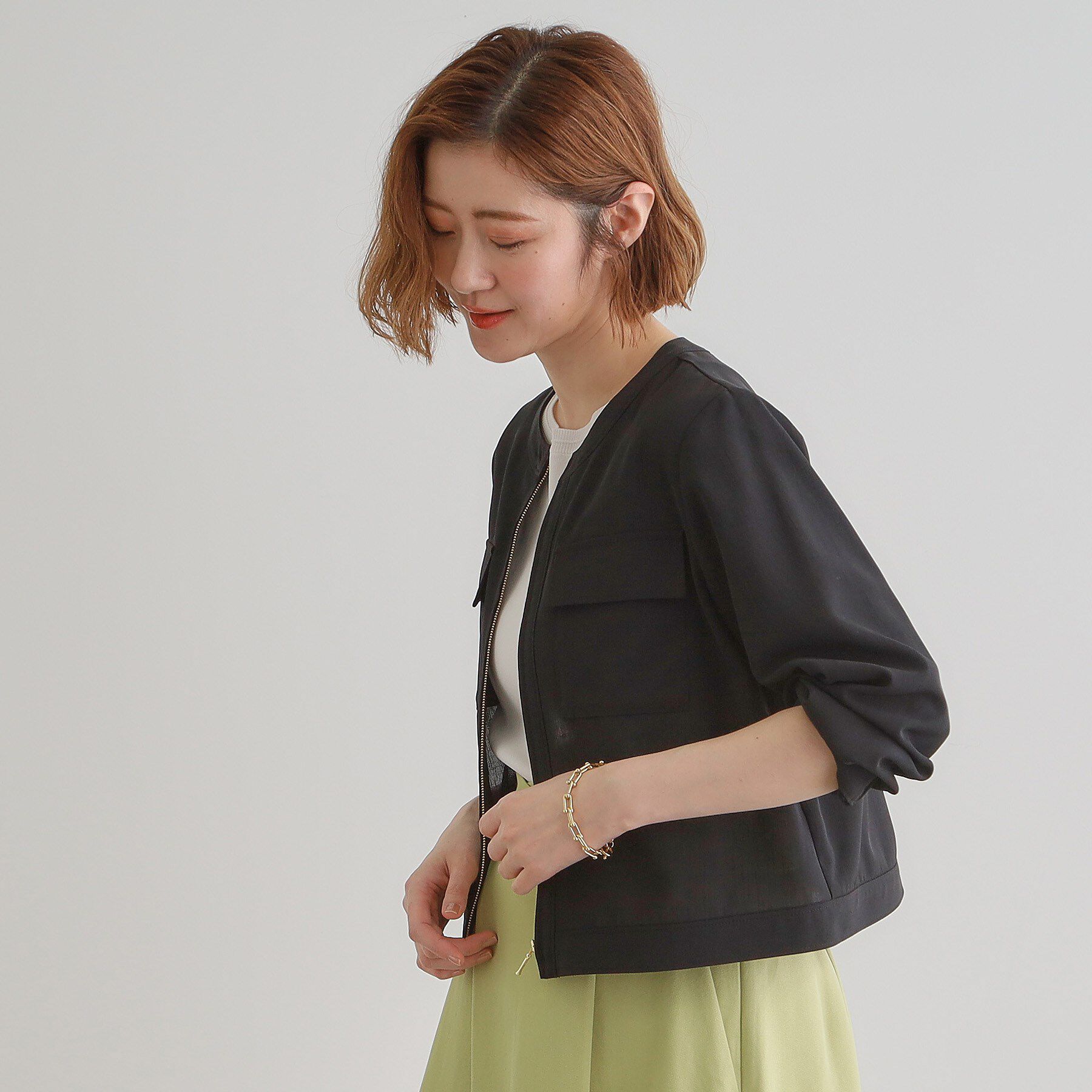 grove「麻調ノーカラーシアーブルゾン」|ブルゾン・スタジャン|