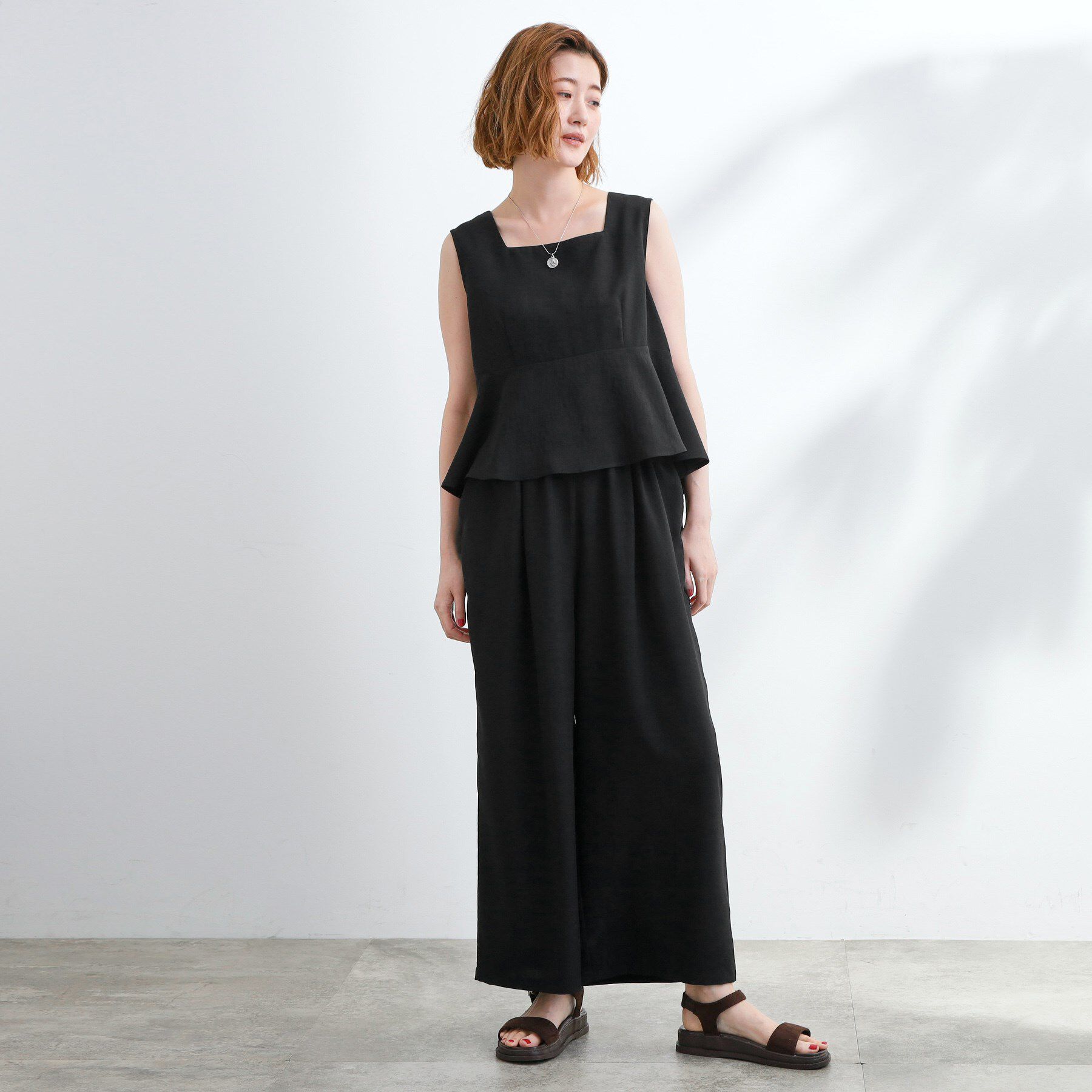 grove「1枚でお洒落見え ストライプドッキングサロペット」|オールインワン|ブラック(019)