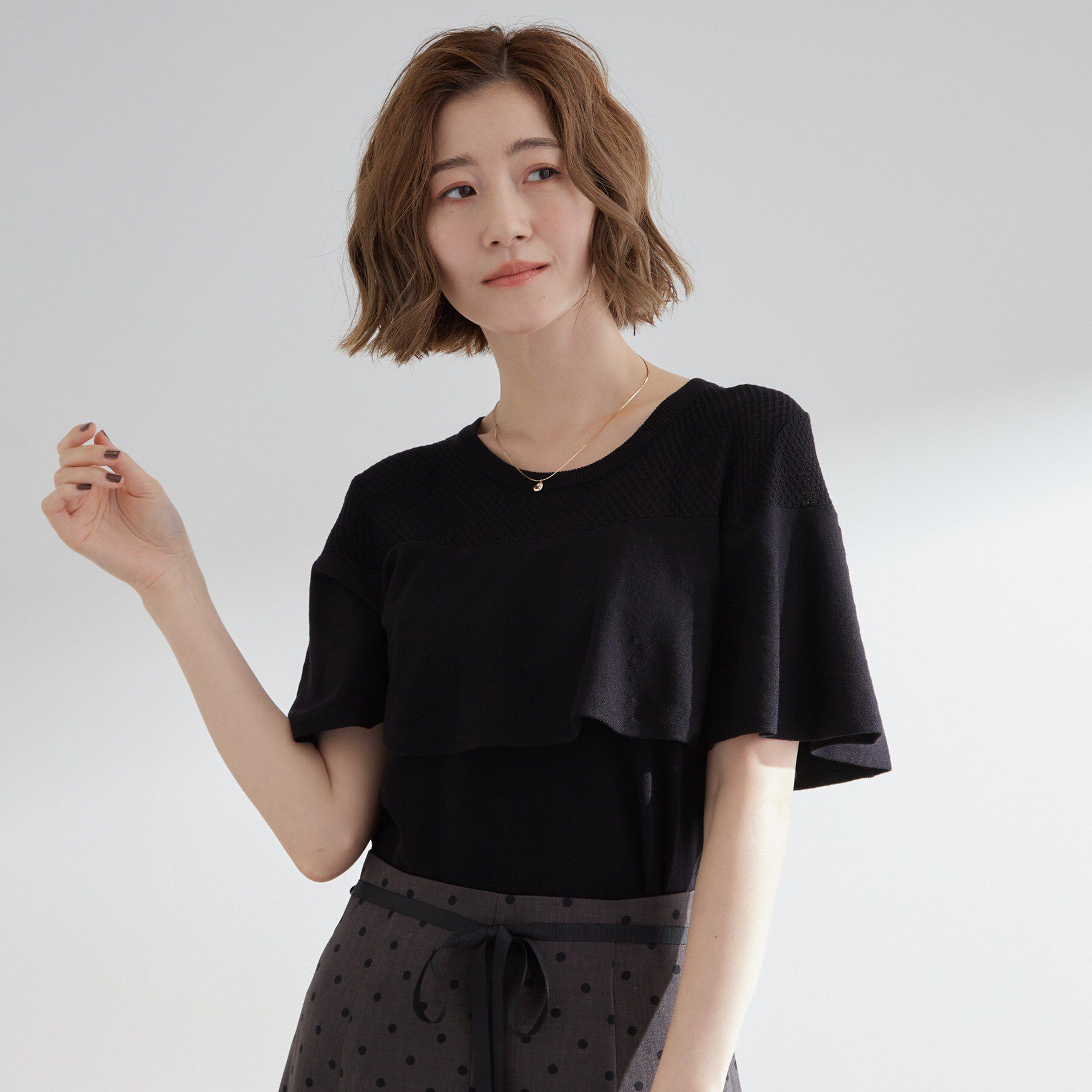 grove「涼しくて華やか1枚で差の付く　ケープフリルニット」|ニット・セーター|ブラック(019)