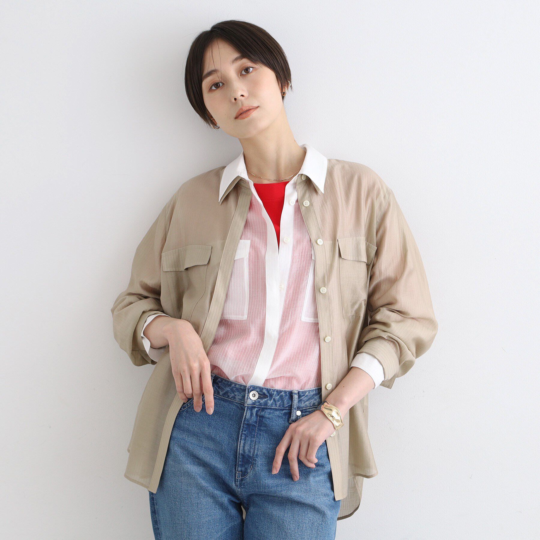 INDIVI「【洗える／シアー】モードストライプブラウス」|シャツ・ブラウス|ベージュ(652)