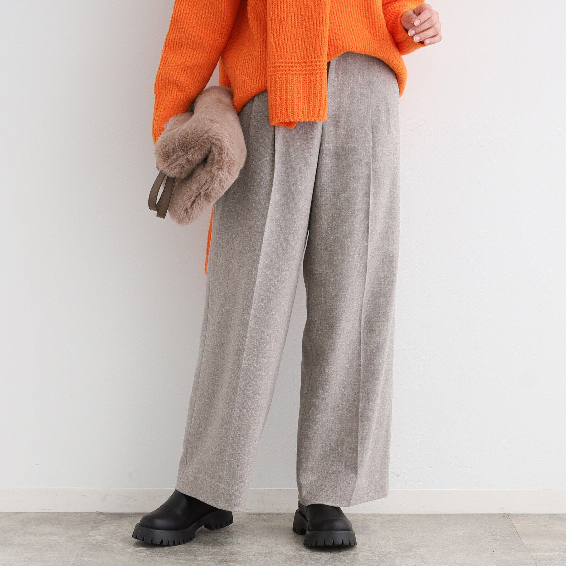 INDIVI「【ウール混】ネップヘリンボーン ワイドパンツ」|その他|グレージュ(450)