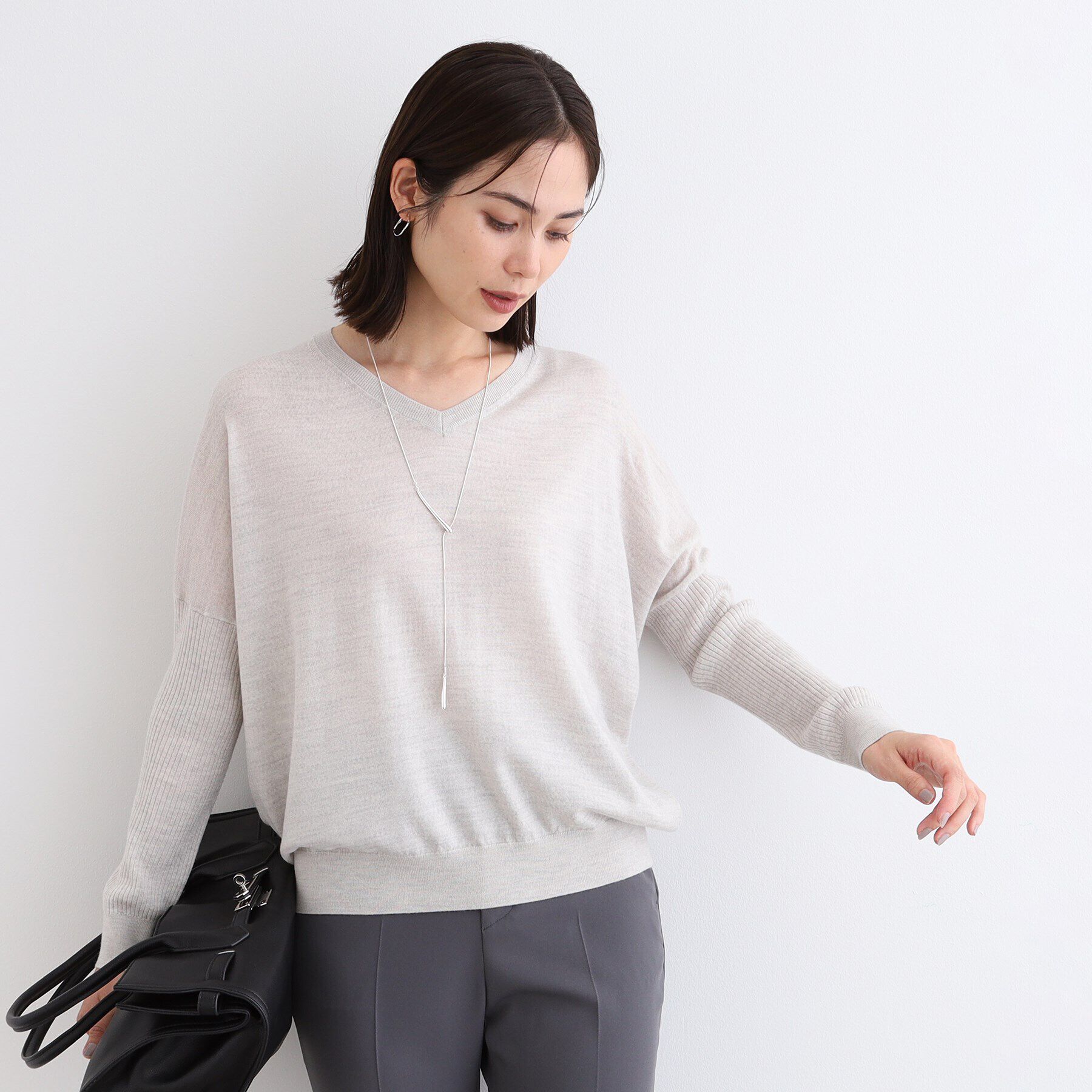 INDIVI「【ウール混】リブスリーブコンパクトニット」|ニット・セーター|ライトグレー(911