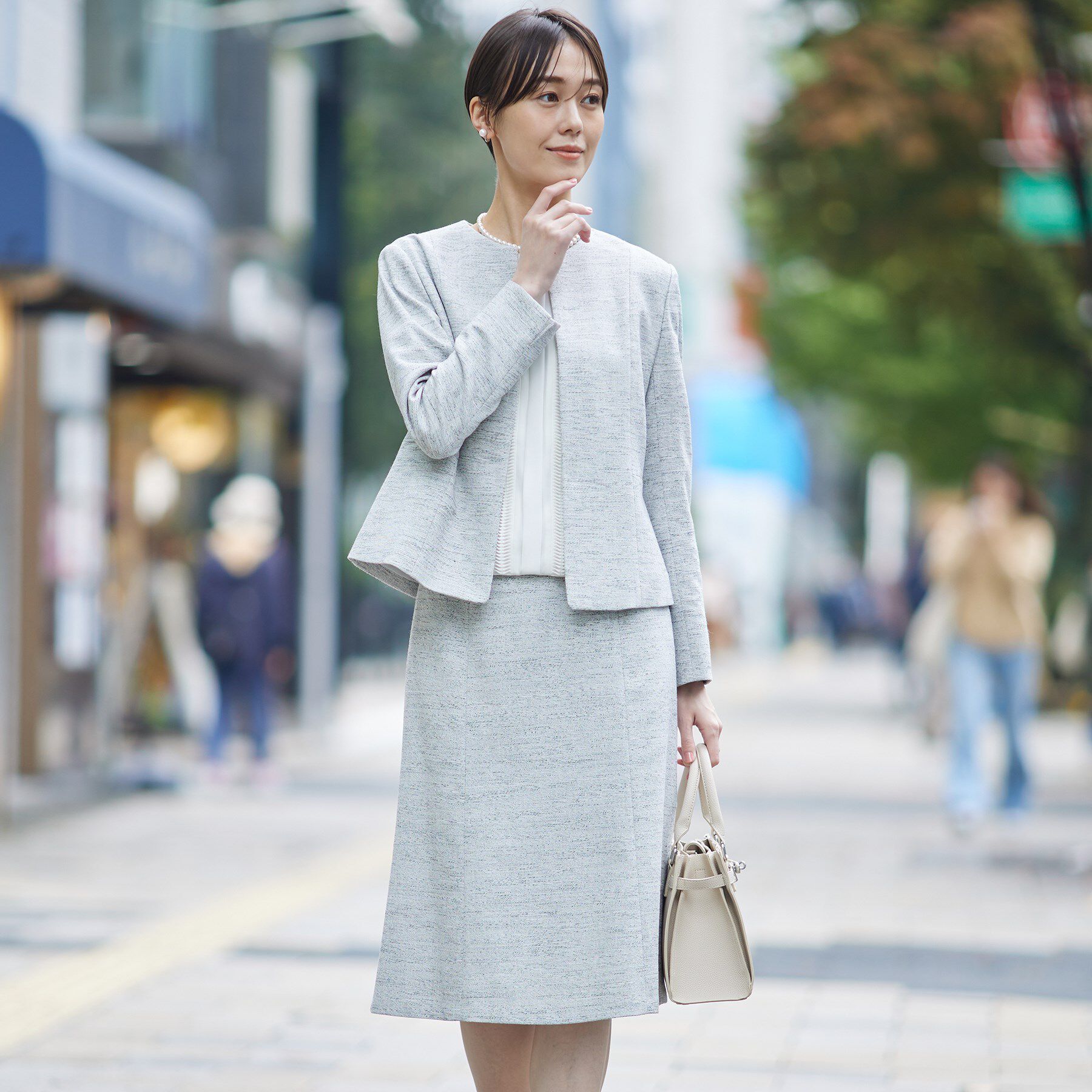 INDIVI「【洗える】ストレッチツィードジャケット」|ノーカラージャケット|