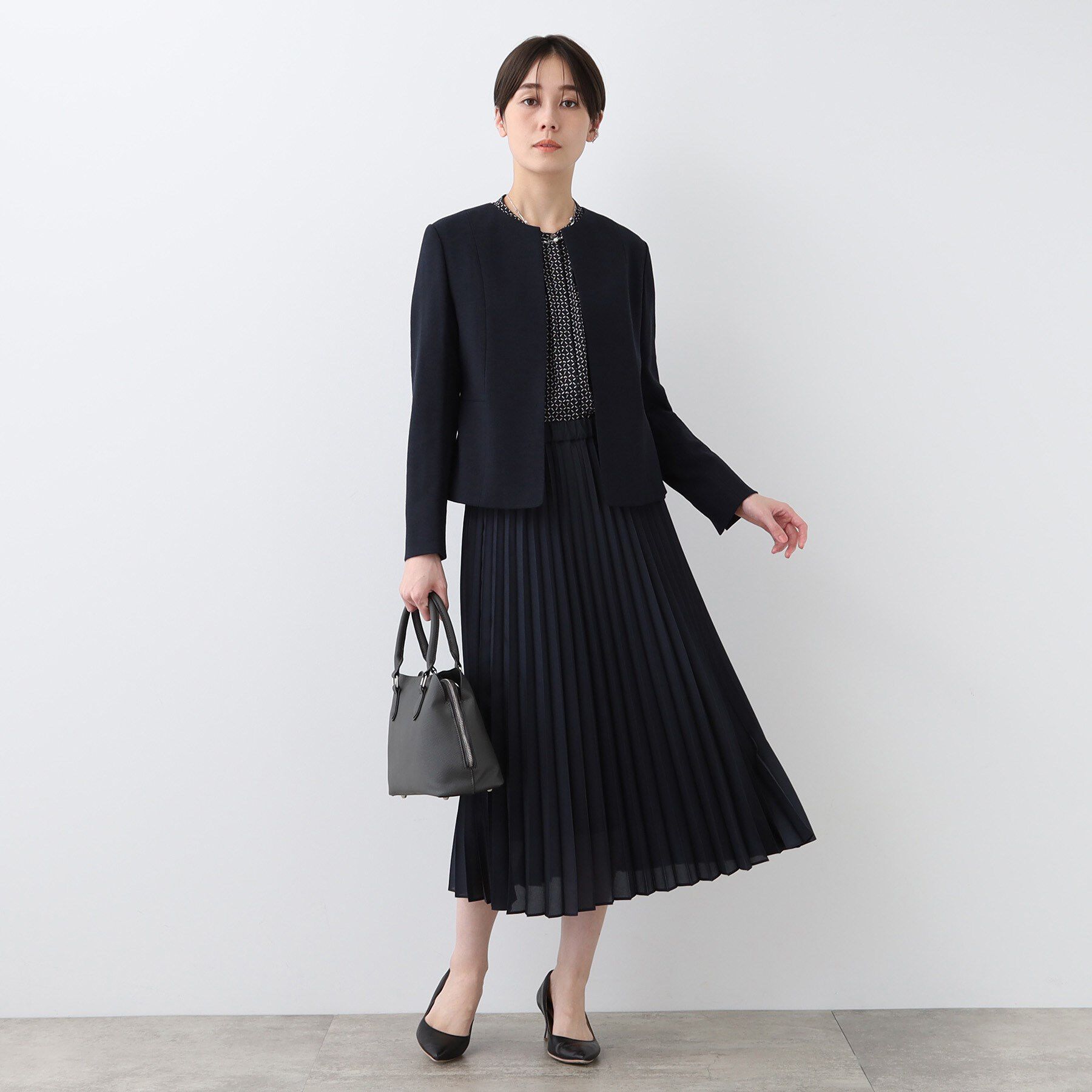 INDIVI「【洗える】ストレッチツィードジャケット」|ノーカラージャケット|