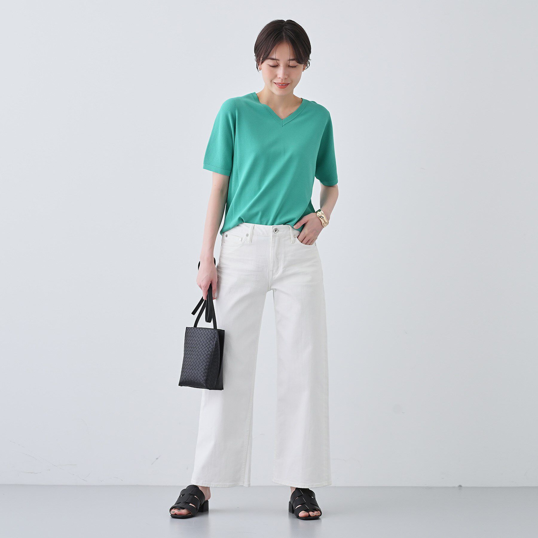 INDIVI「【洗える／清涼感】レーヨンストレッチ 安心丈の半袖ニット」|ニット・セーター|