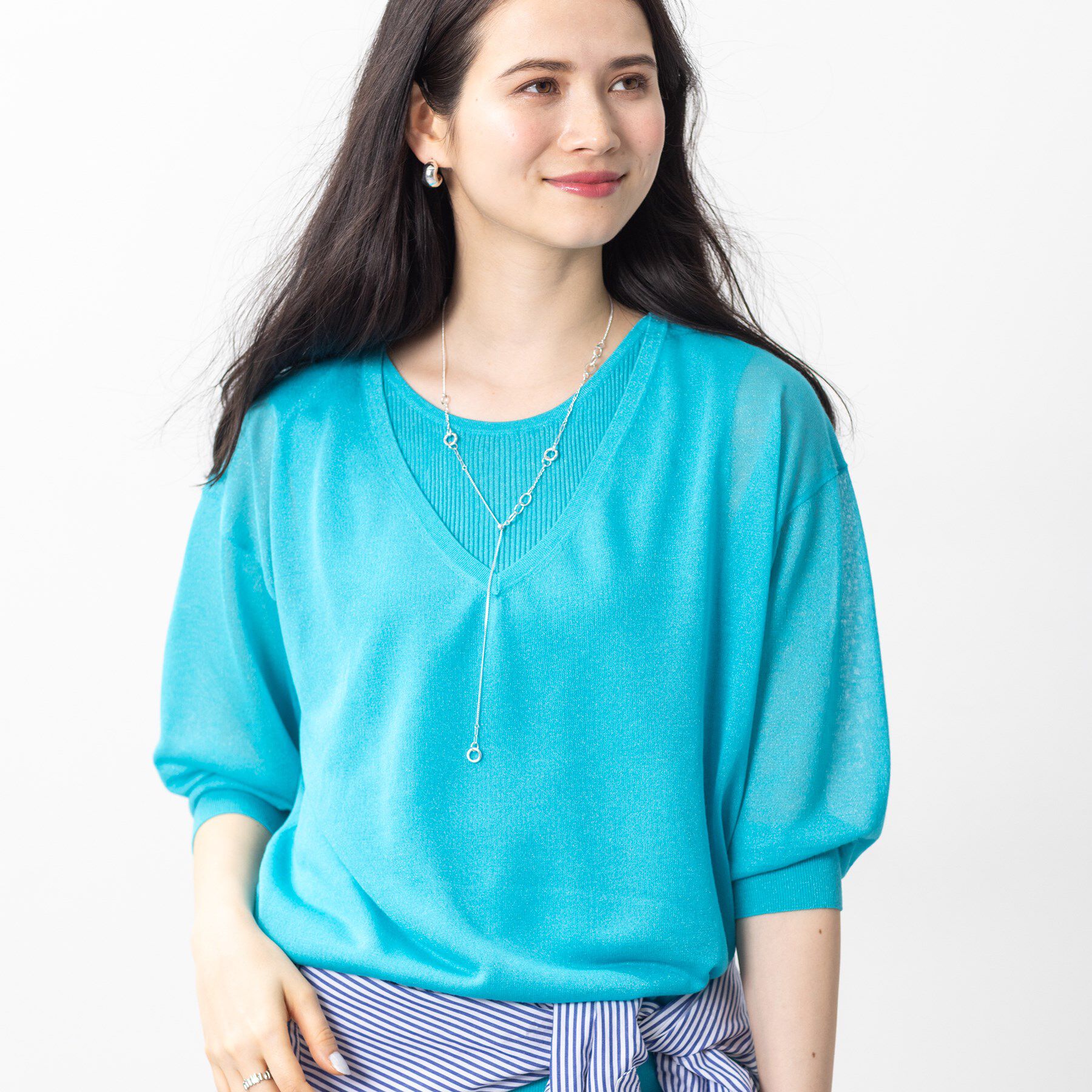 INDIVI「【洗える／シアーラメ】レイヤード風ニット」|ニット・セーター|ブルーグリーン(09