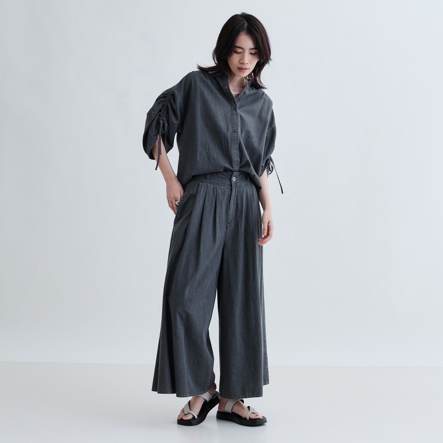 GALLEST「【セットアップ可能】シャーリングスリーブダンガリーシャツ」|シャツ・ブラウス|