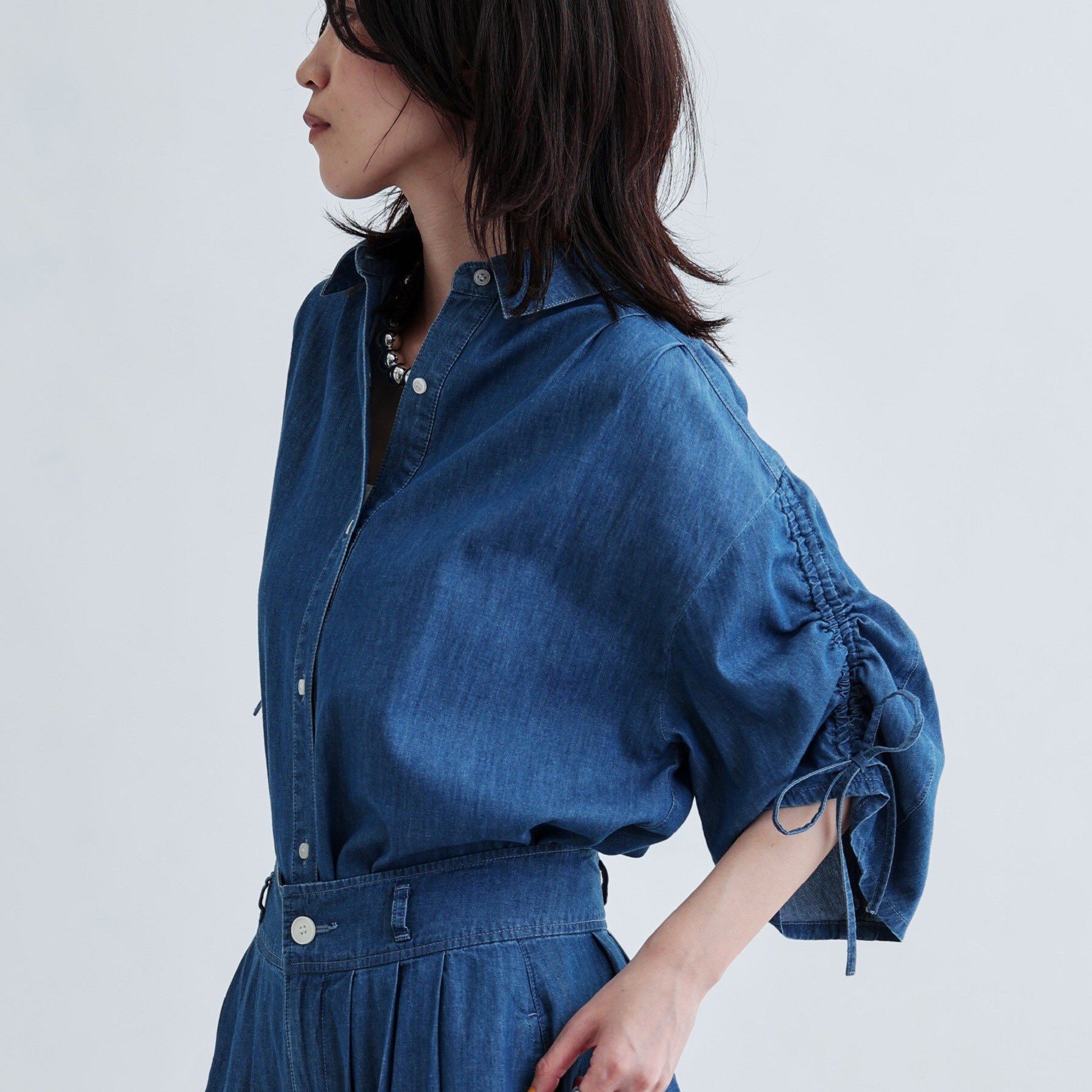 GALLEST「【セットアップ可能】シャーリングスリーブダンガリーシャツ」|シャツ・ブラウス|ネイビー(094)