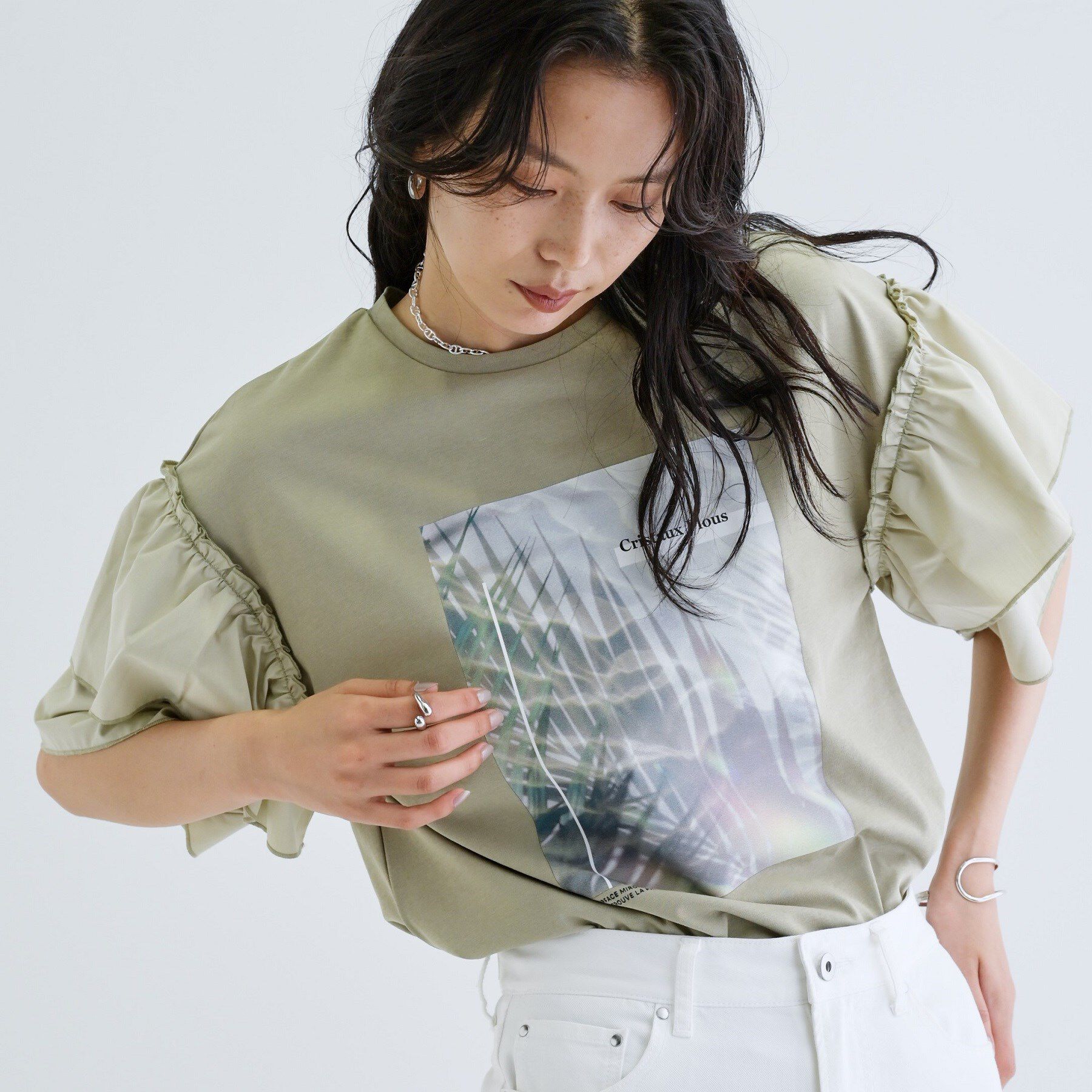 GALLEST「フリルスリーブプリントカットソー」|Tシャツ・カットソー|