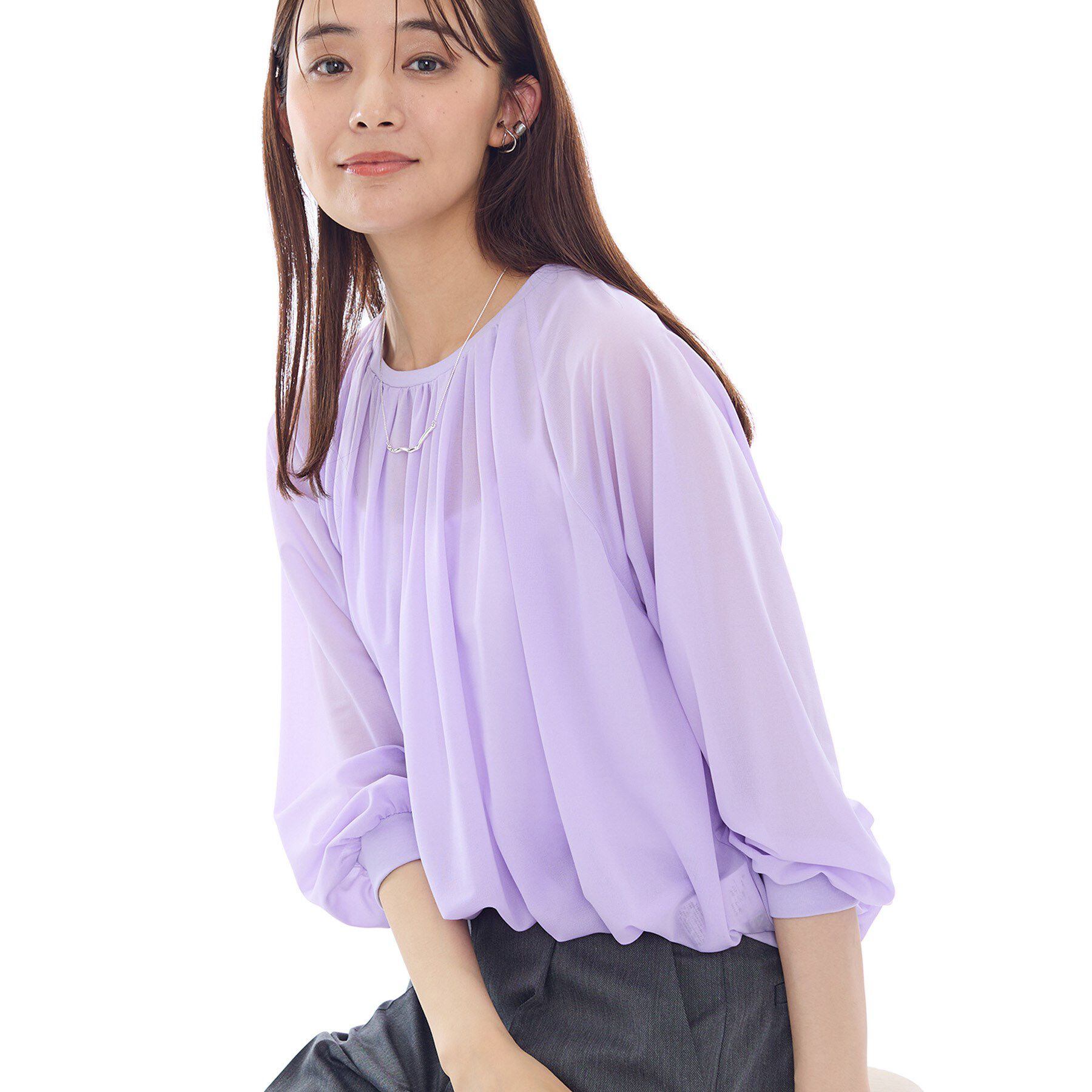 INDIVI「【体型カバー／マシンウォッシュ対応】シアージャージトップス」|Tシャツ・カットソー|ラベンダー(080)