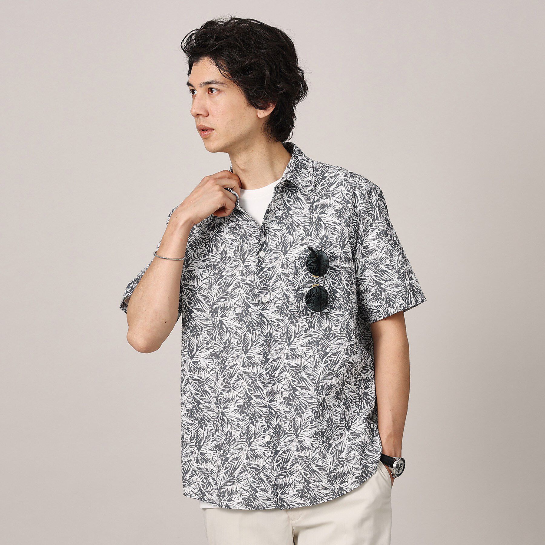 TAKEO KIKUCHI「【無地・チェック・ボタニカル柄】リップル シャツ」|シャツ・ブラウス|グレー・ボタニカル柄