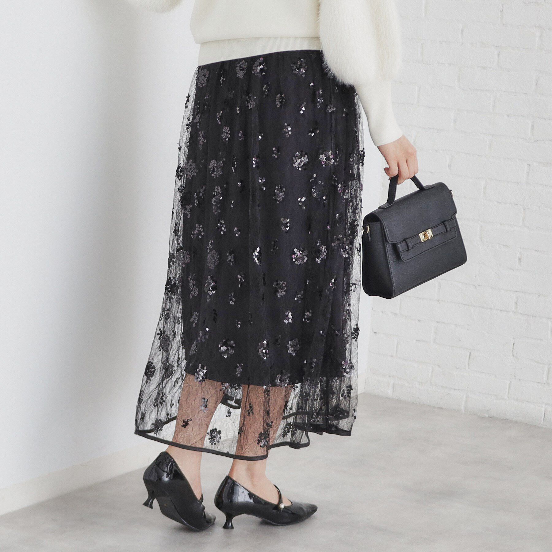 index「《美人百花掲載》スパンコールシアー刺繍スカート【洗濯機洗い可】」|スカート|