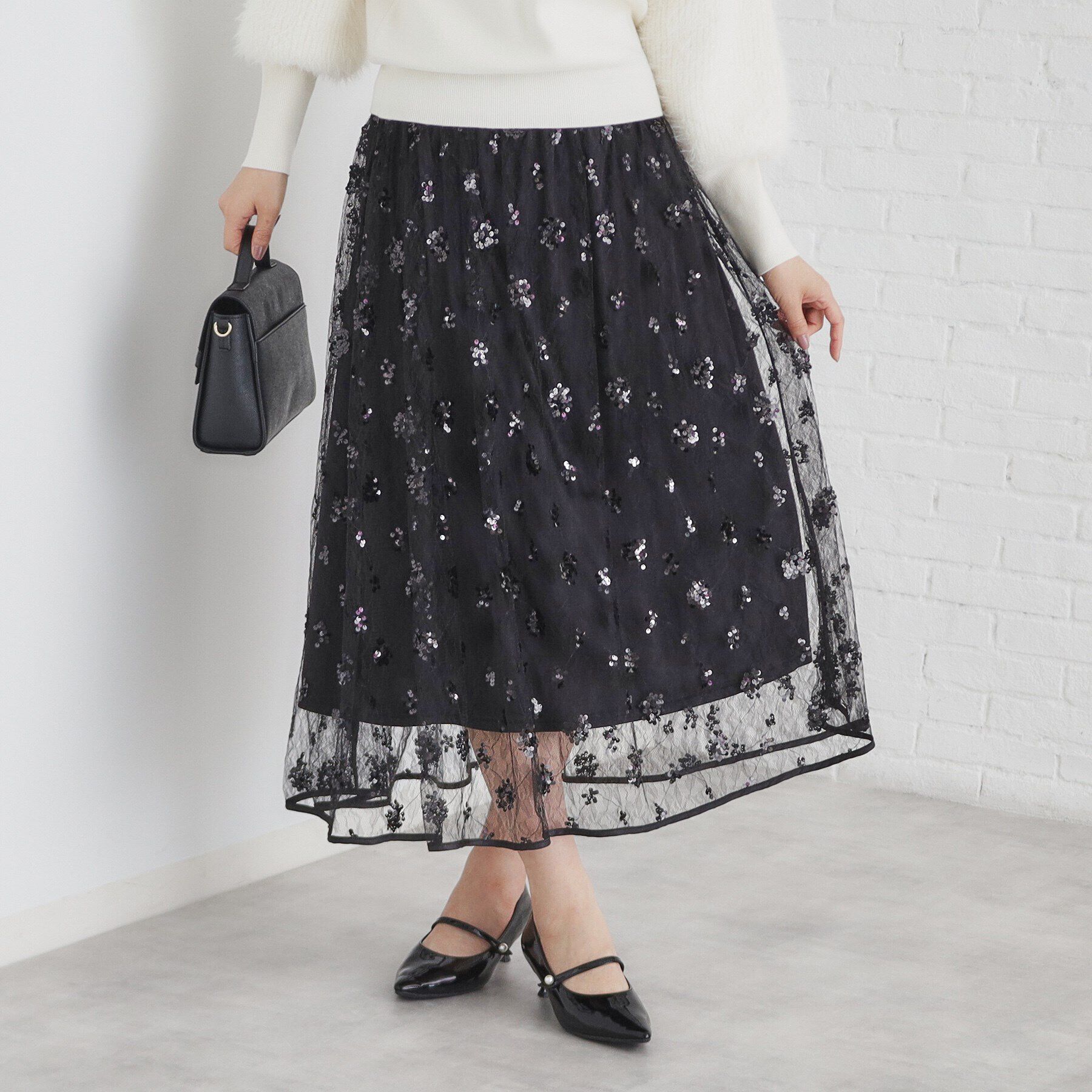 index「《美人百花掲載》スパンコールシアー刺繍スカート【洗濯機洗い可】」|スカート|ブラック(019)
