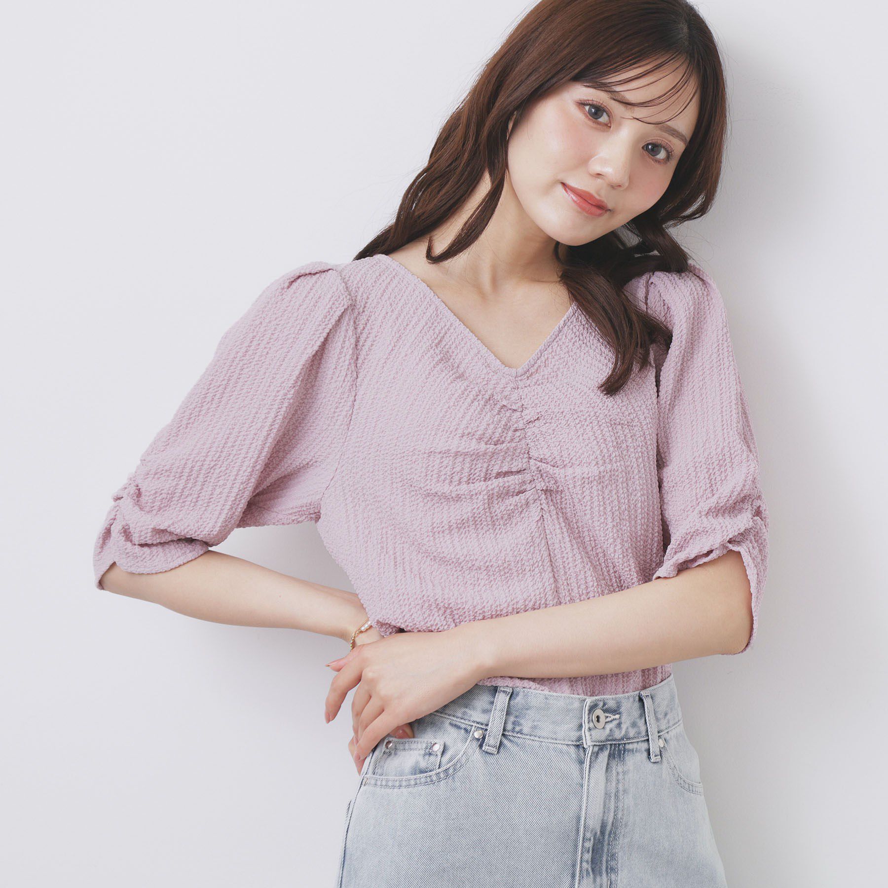 index「フロントギャザージャガードブラウス【洗濯機洗い可】」|シャツ・ブラウス|ピンク(071)
