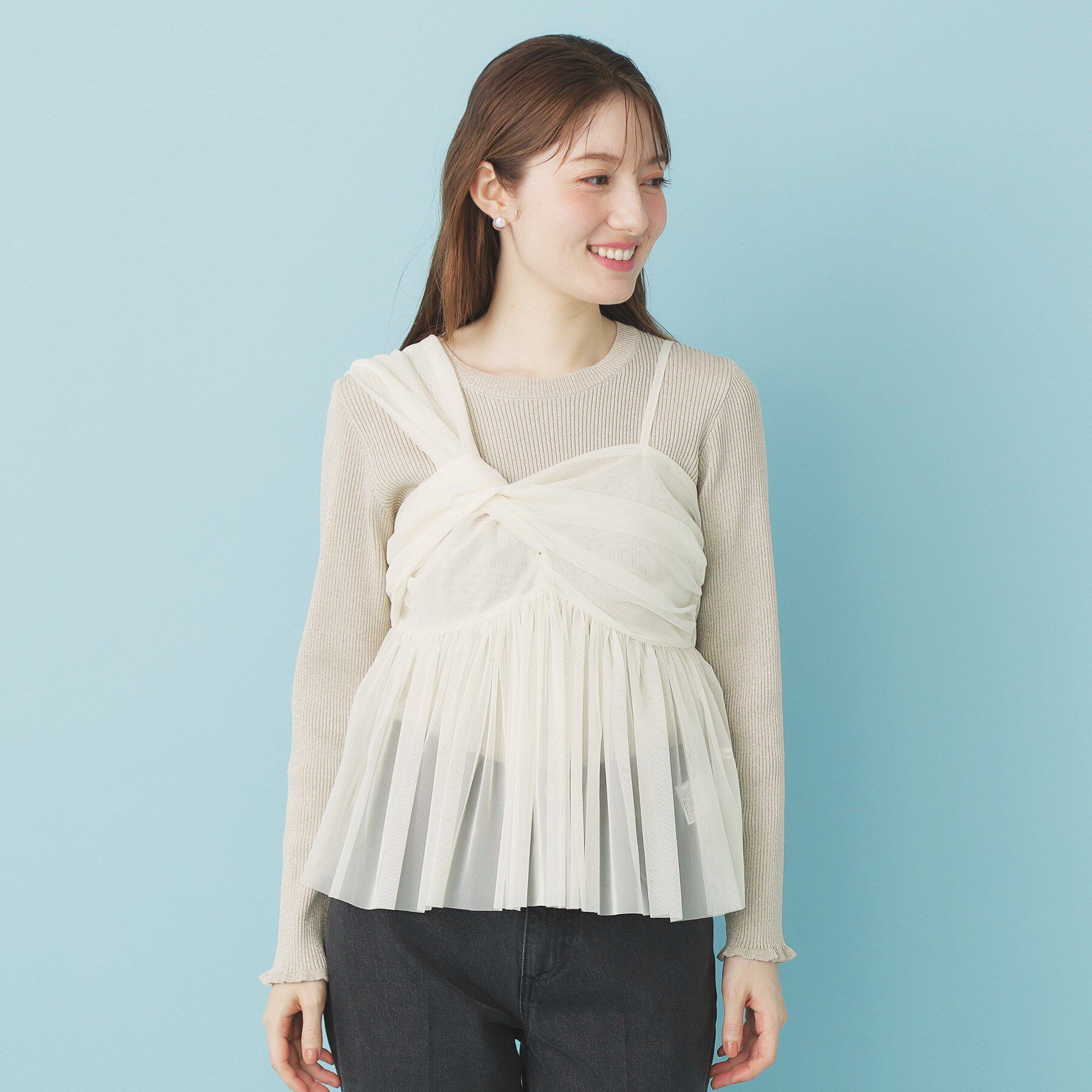 index「《ツインセット》チュールキャミ&times;ラメリブニット【洗濯機OK】」|ニット・セーター|