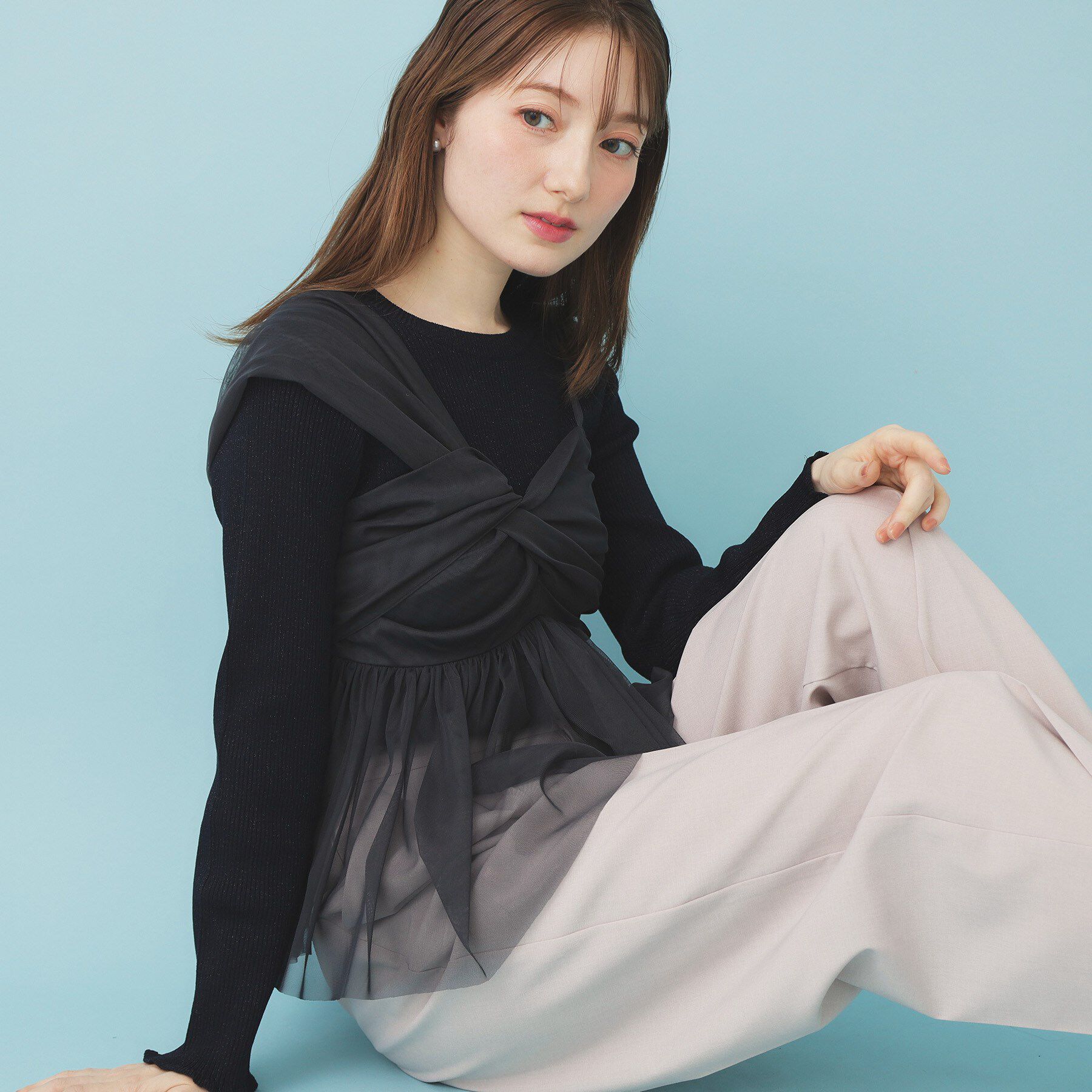 index「《ツインセット》チュールキャミ&times;ラメリブニット【洗濯機OK】」|ニット・セーター|ネイビー(094)