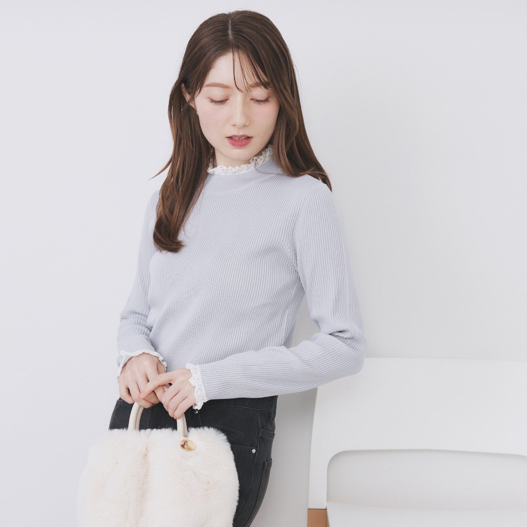 index「コットンレースフリルリブニット【洗濯機OK/抗ピル】」|ニット・セーター|
