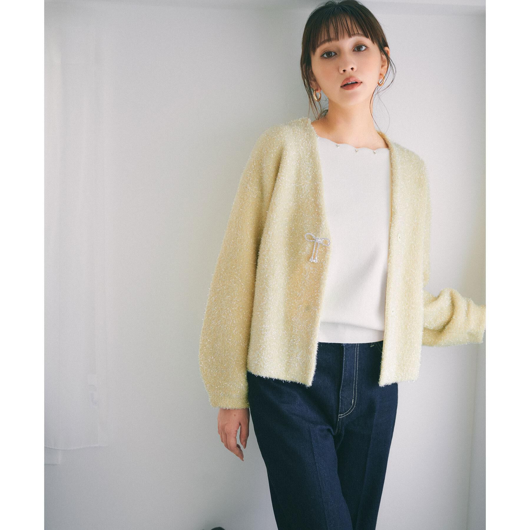 index「リボンブローチフィルムラメフェザーカーディガン【洗濯機OK】」|カーディガン|