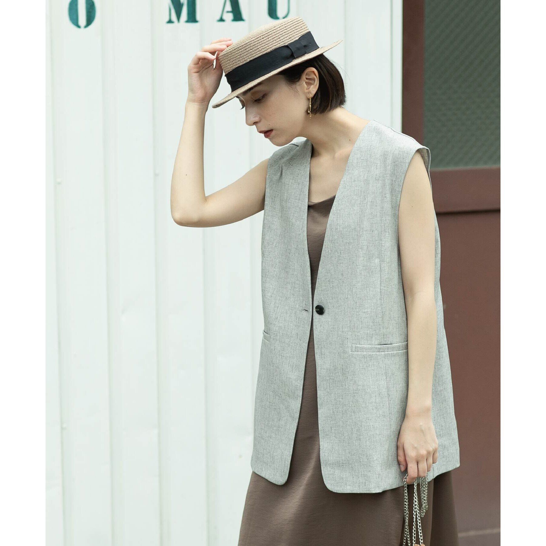 OPAQUE.CLIP「麻混ノーカラージレ【洗濯機洗い可】」|ベスト・ジレ|