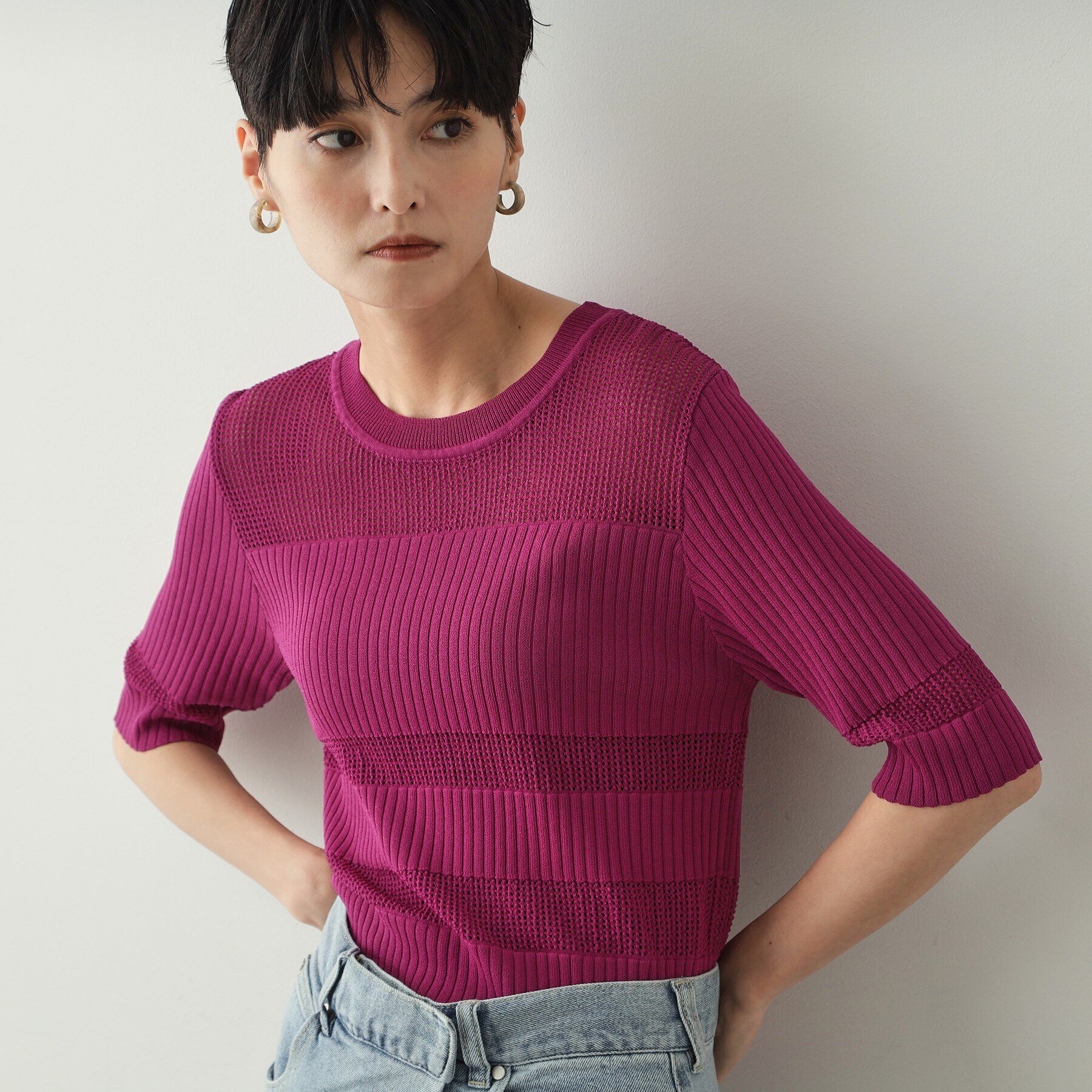 OPAQUE.CLIP「メッシュ&times;リブニット【洗濯機洗い可/抗ピル】」|ニット・セーター|ピンク(074)