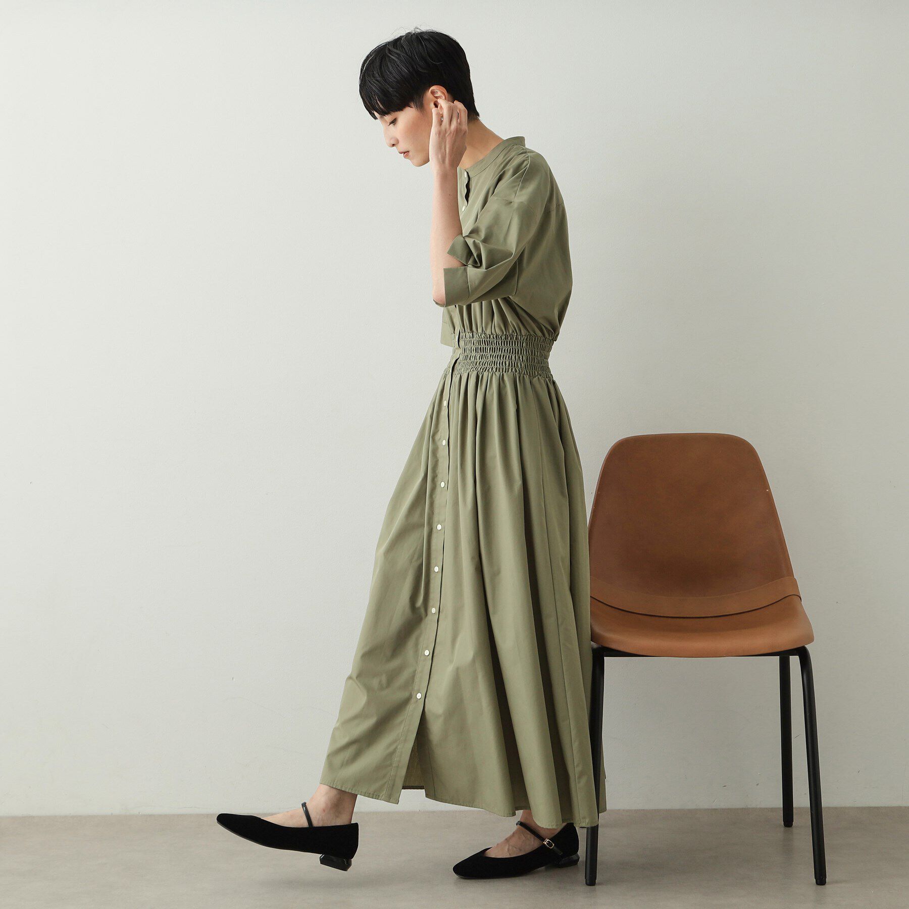 OPAQUE.CLIP「ウエストシャーリング シャツワンピース【洗濯機洗い可】」|ワンピース|