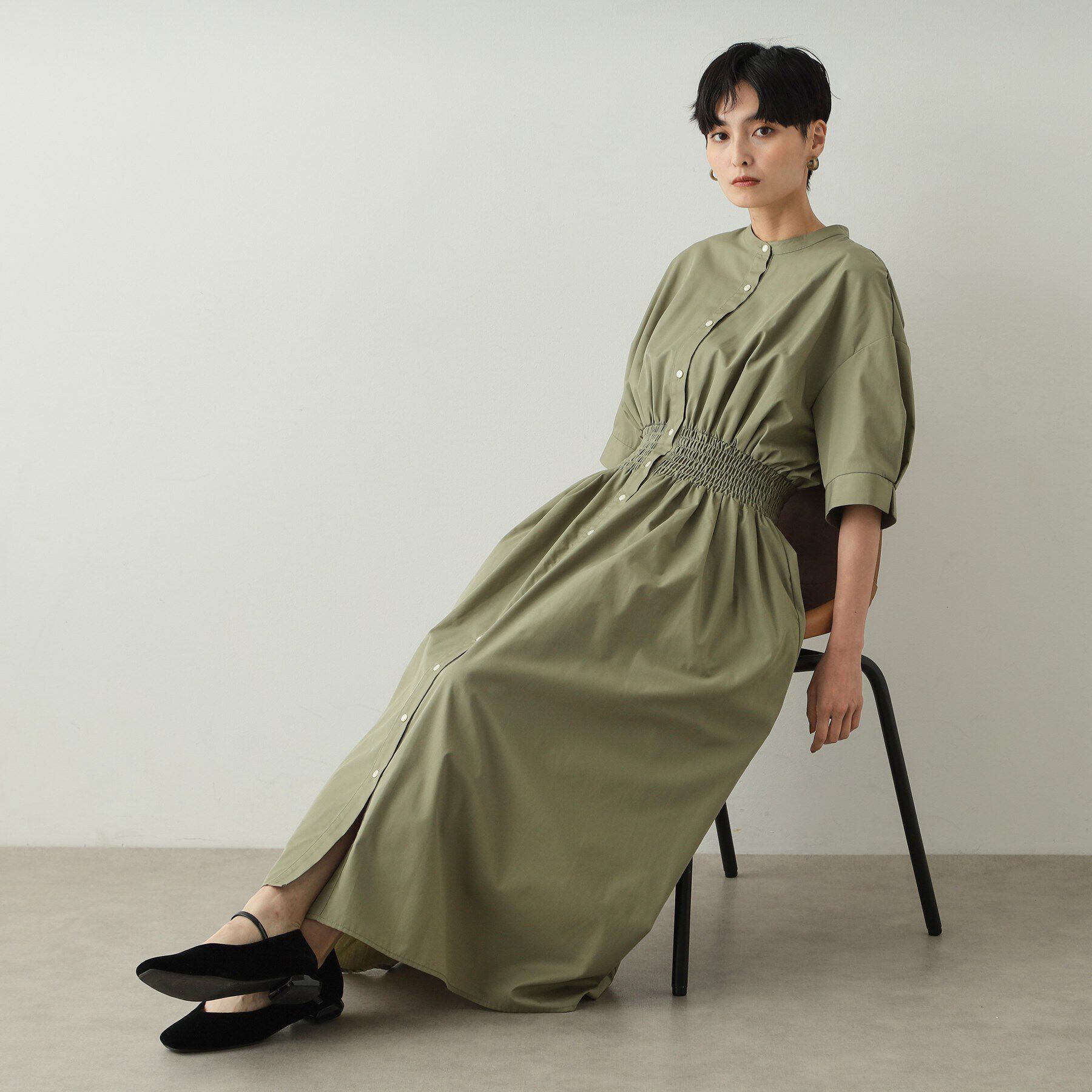 OPAQUE.CLIP「ウエストシャーリング シャツワンピース【洗濯機洗い可】」|ワンピース|