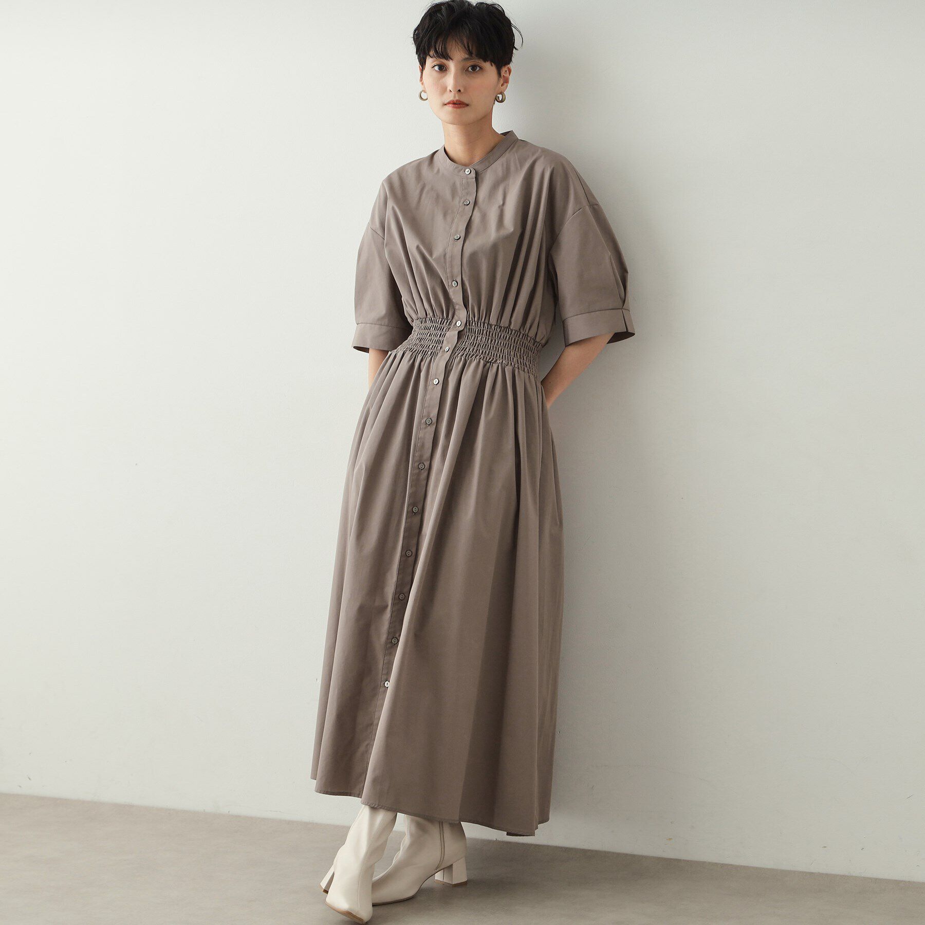 OPAQUE.CLIP「ウエストシャーリング シャツワンピース【洗濯機洗い可】」|ワンピース|